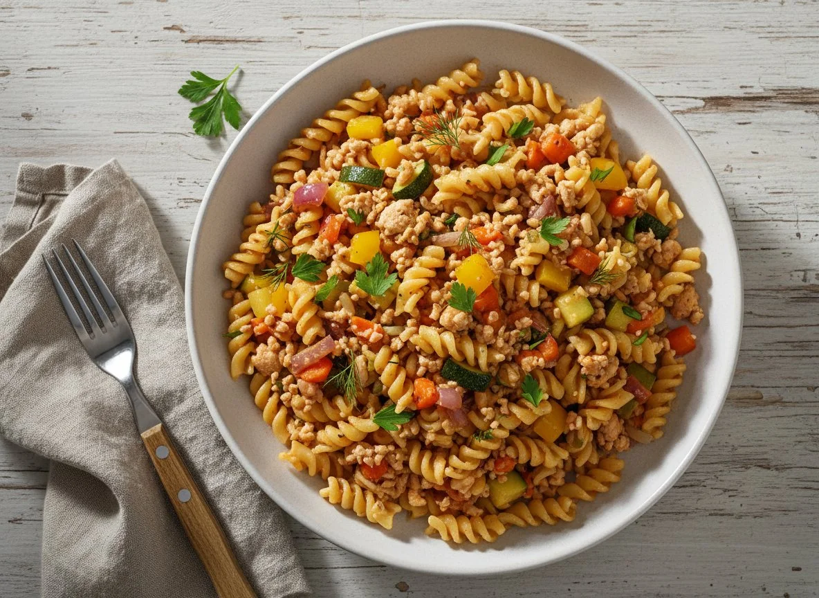 Паста с куриным фаршем и овощами photo