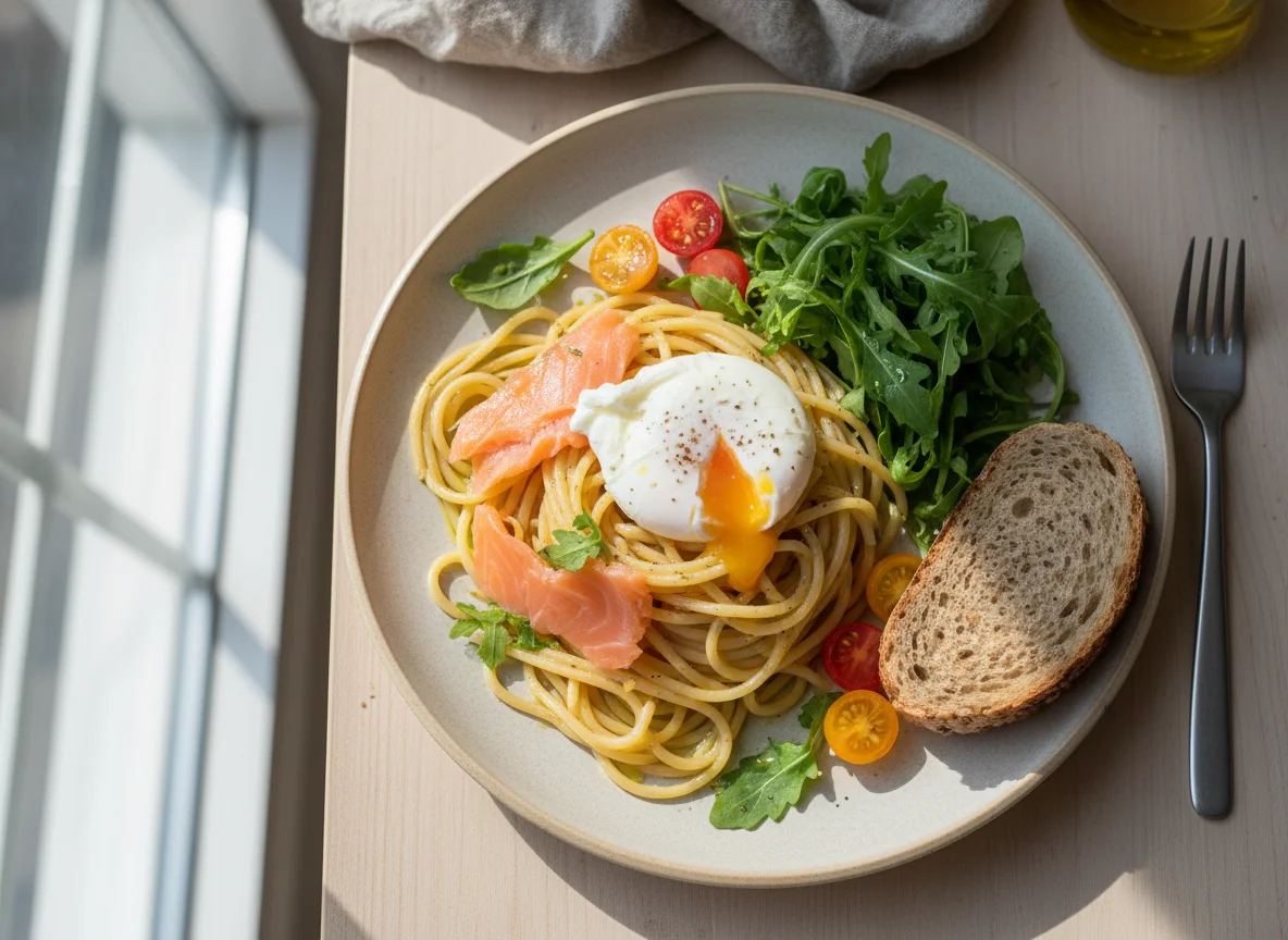 Паста с лососем, яйцом пашот, помидорами и рукколой photo