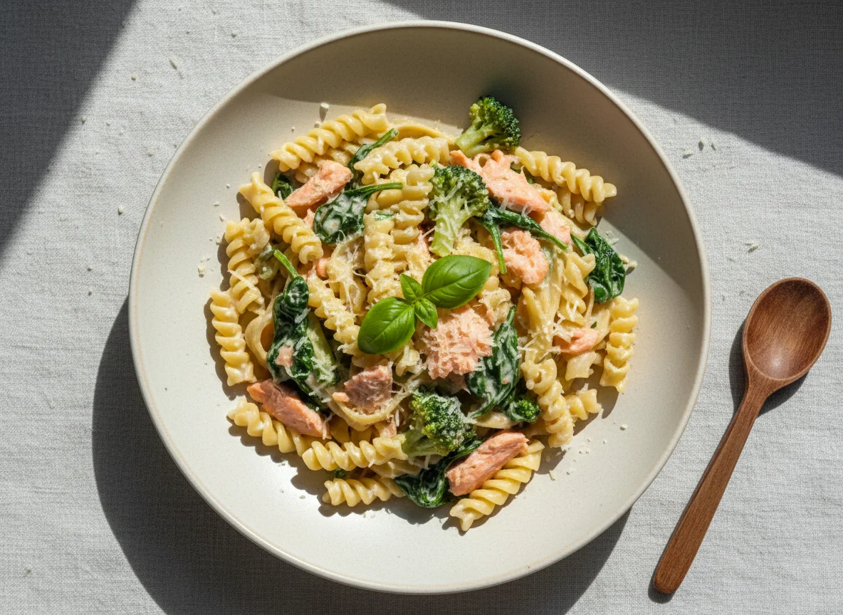 Паста с лососем, брокколи и шпинатом в сливочном соусе photo