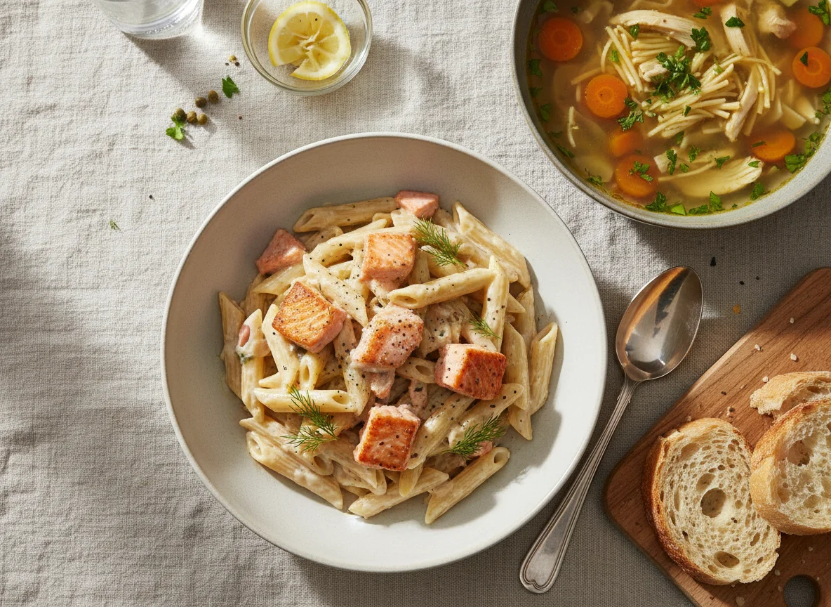 Паста с лососем и суп photo