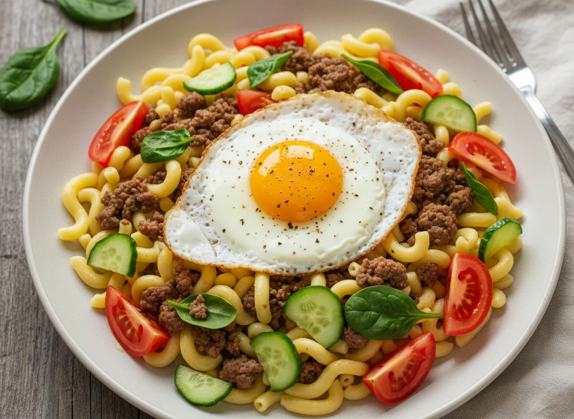 Паста с мясным фаршем, яйцом и овощами photo