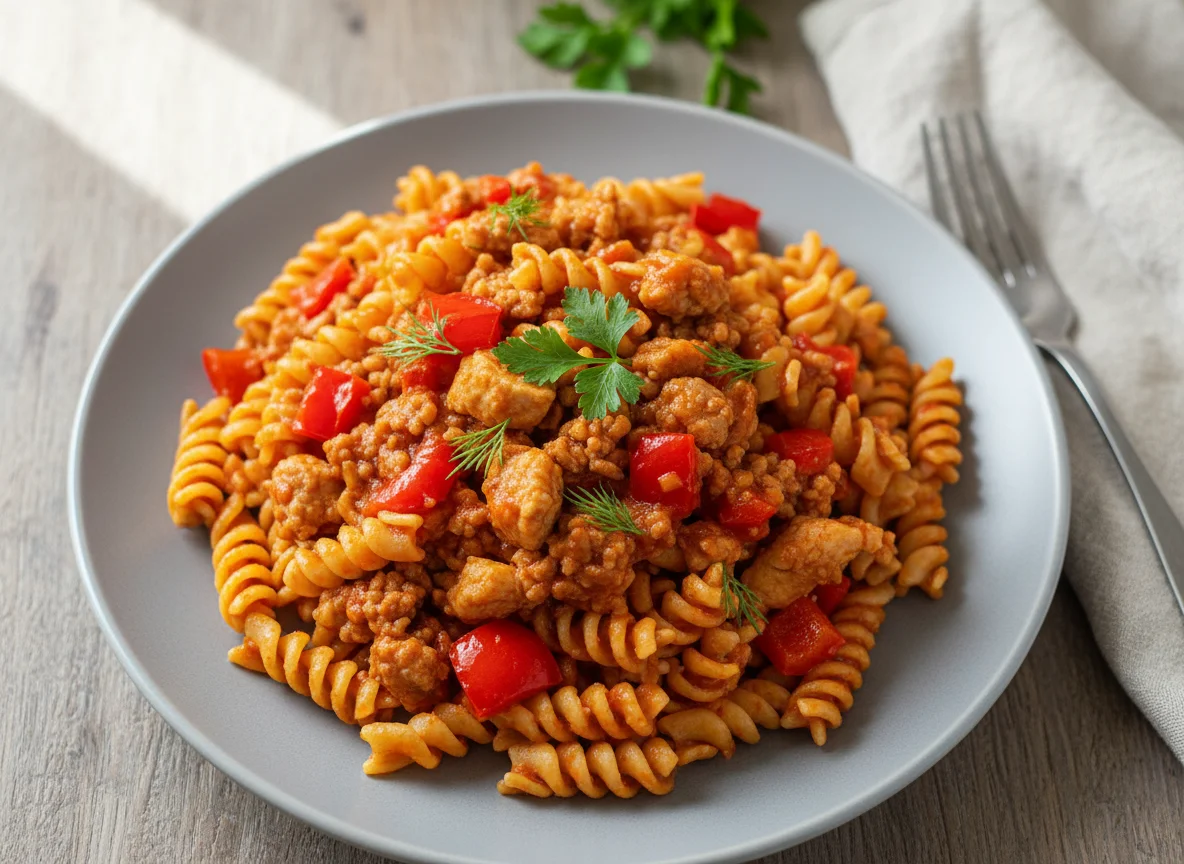 Паста с мясным фаршем и болгарским перцем photo