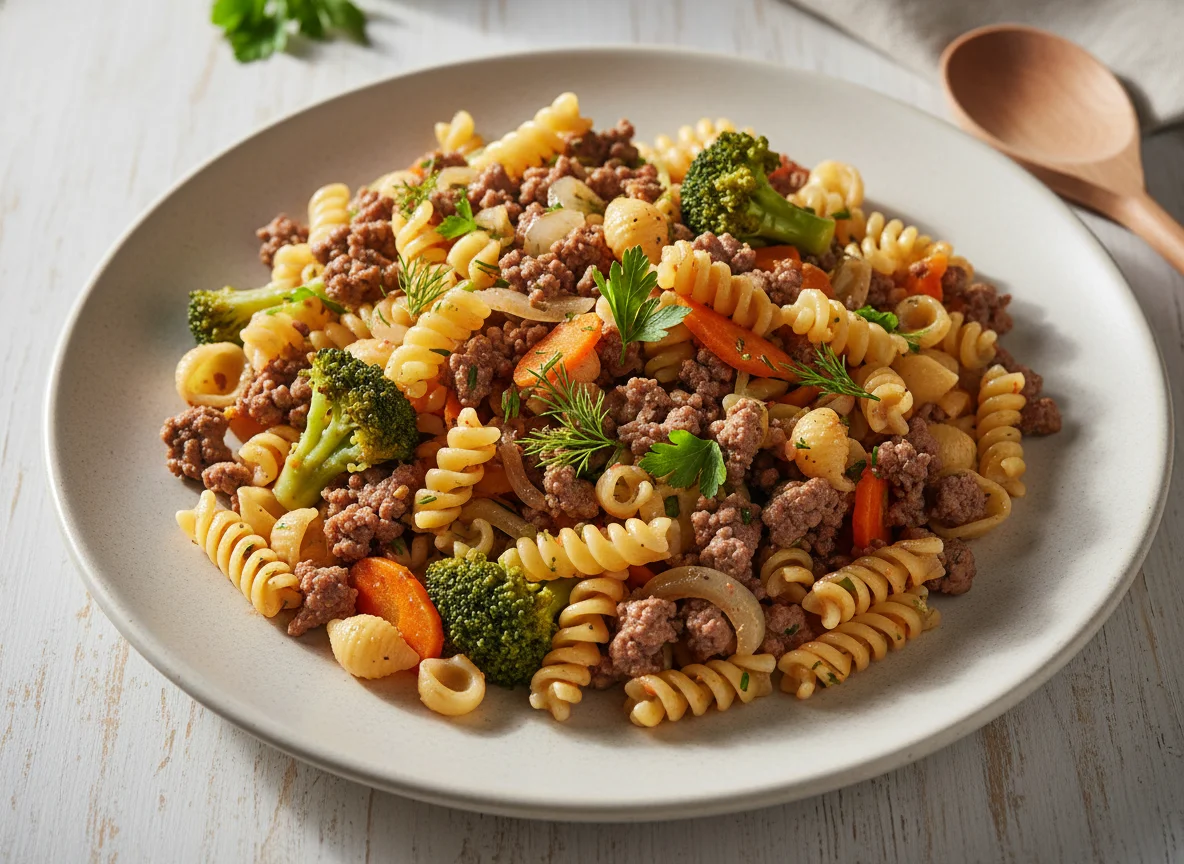 Паста с мясным фаршем и овощами photo