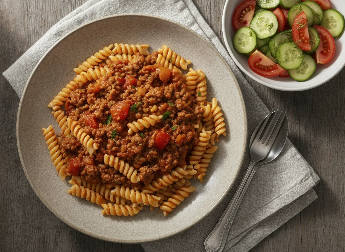 Паста с мясным фаршем и овощной салат photo