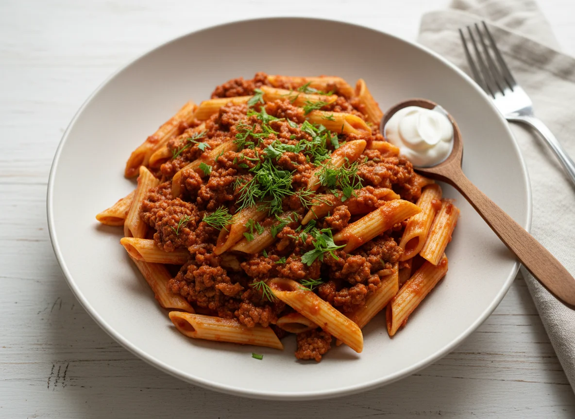 Паста с мясным фаршем и томатным соусом photo