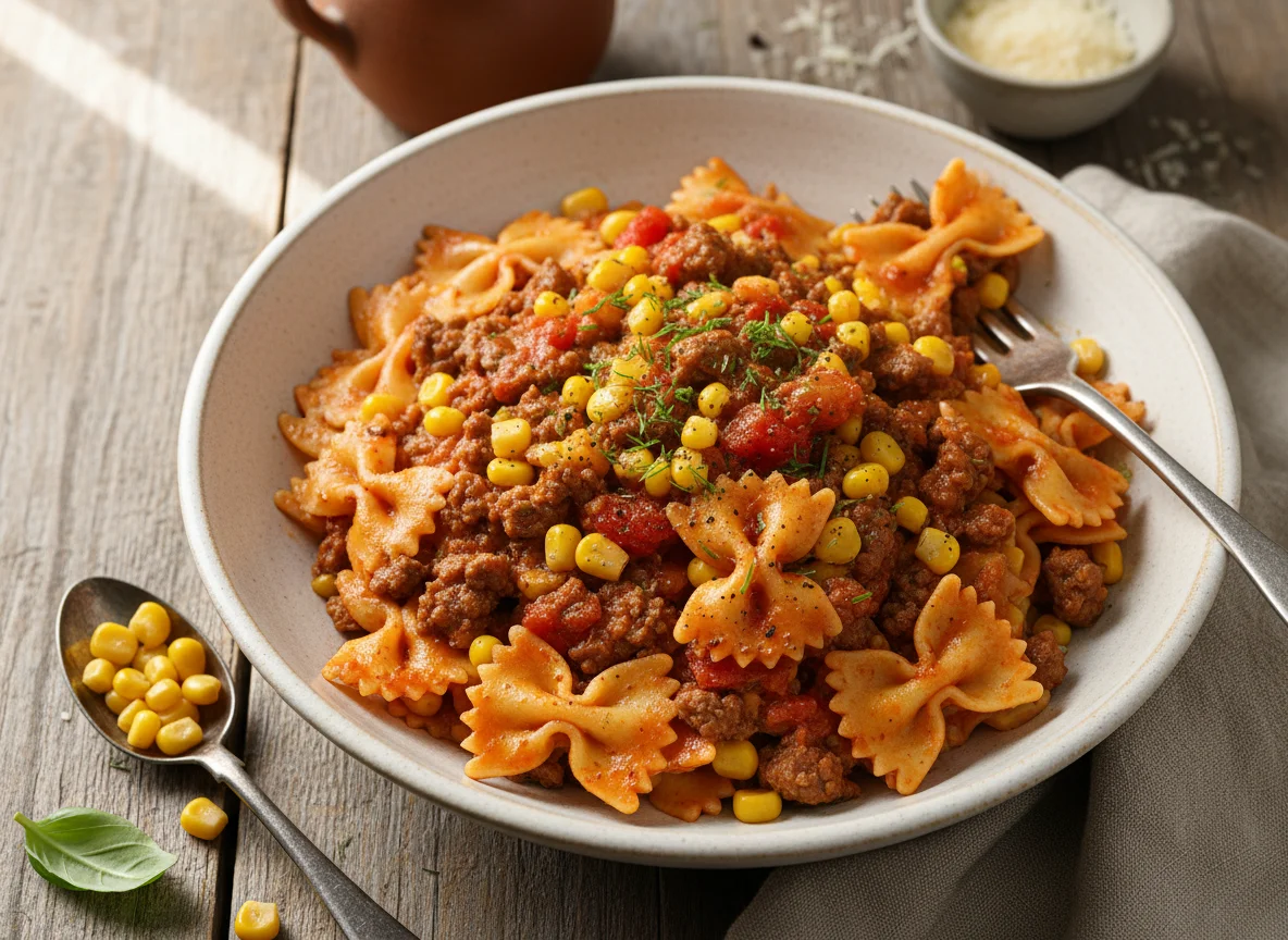 Паста с мясным соусом и кукурузой photo