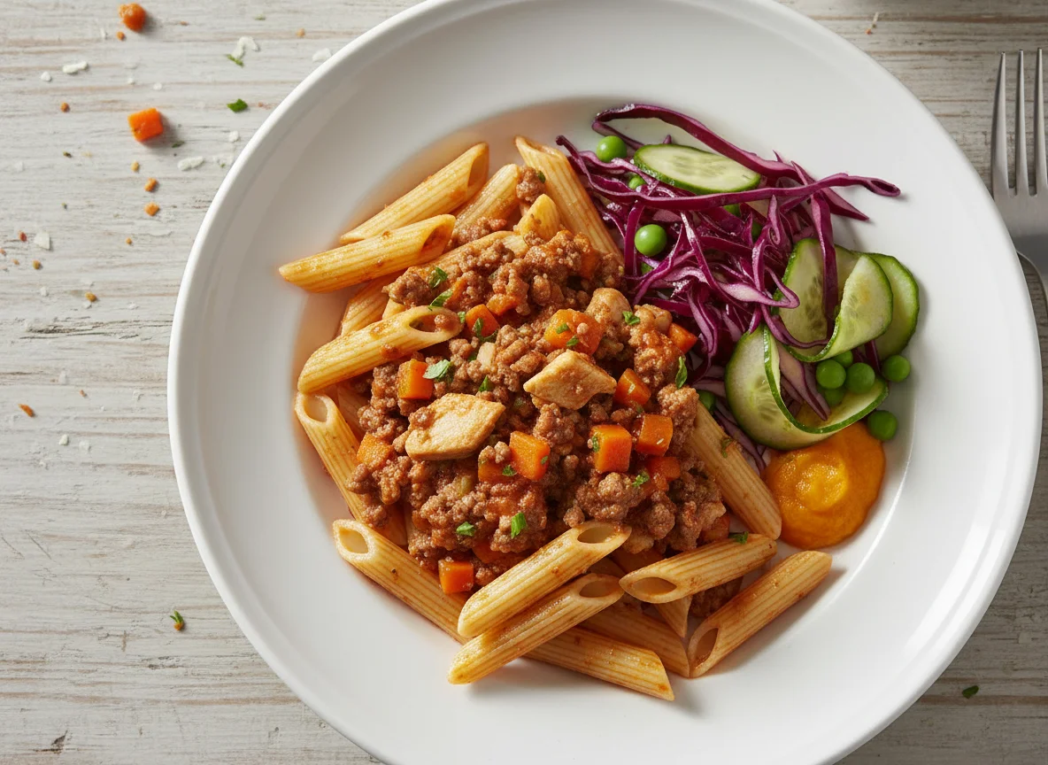 Паста с мясным соусом и салатом из краснокочанной капусты photo