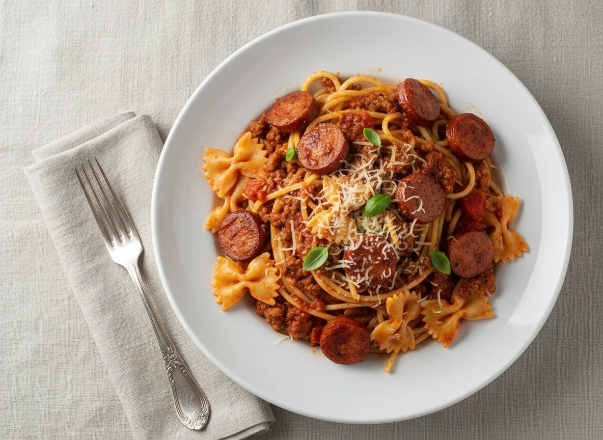 Паста с мясным соусом и сосисками photo