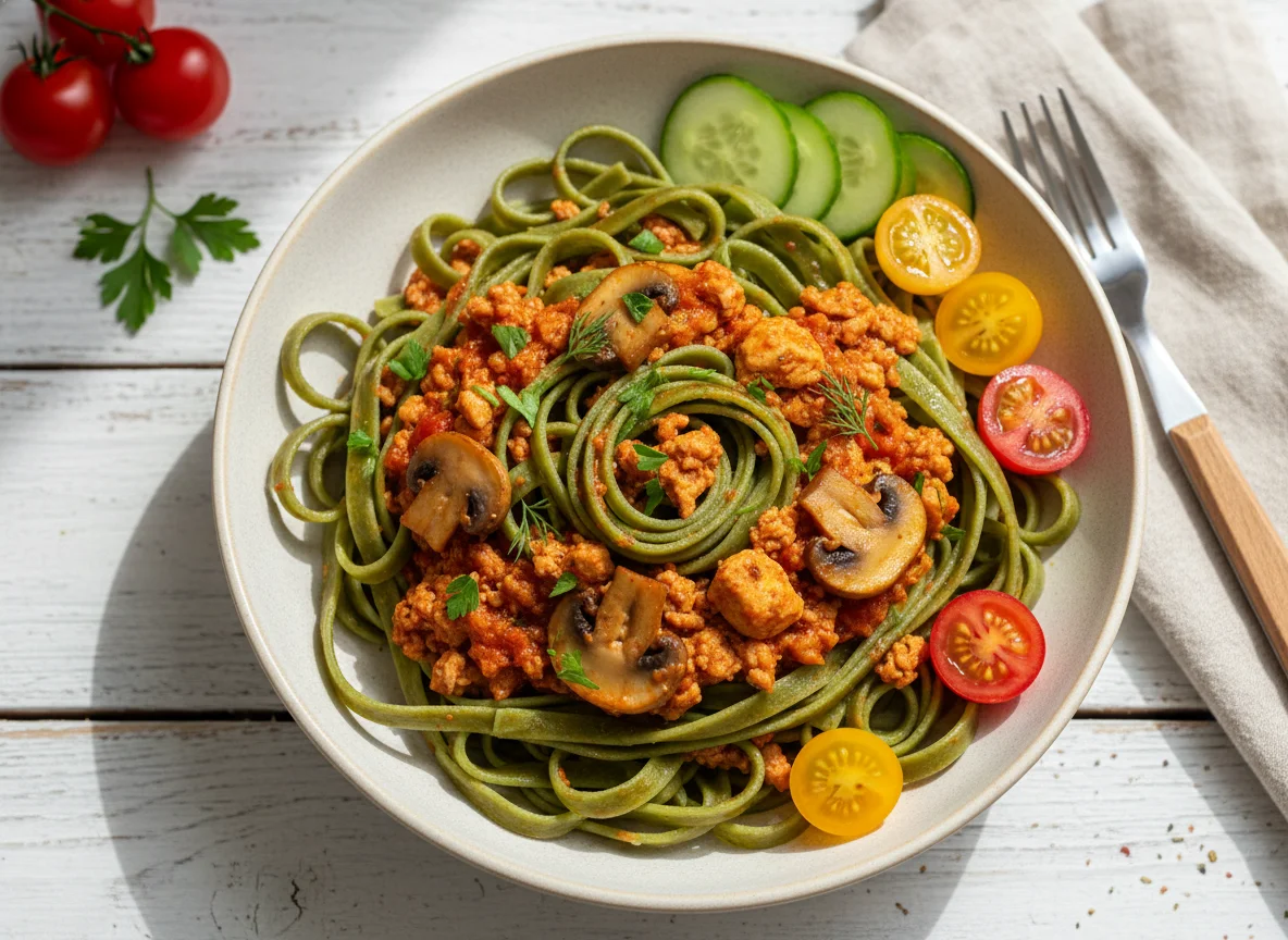 Паста с мясным соусом и свежими овощами photo