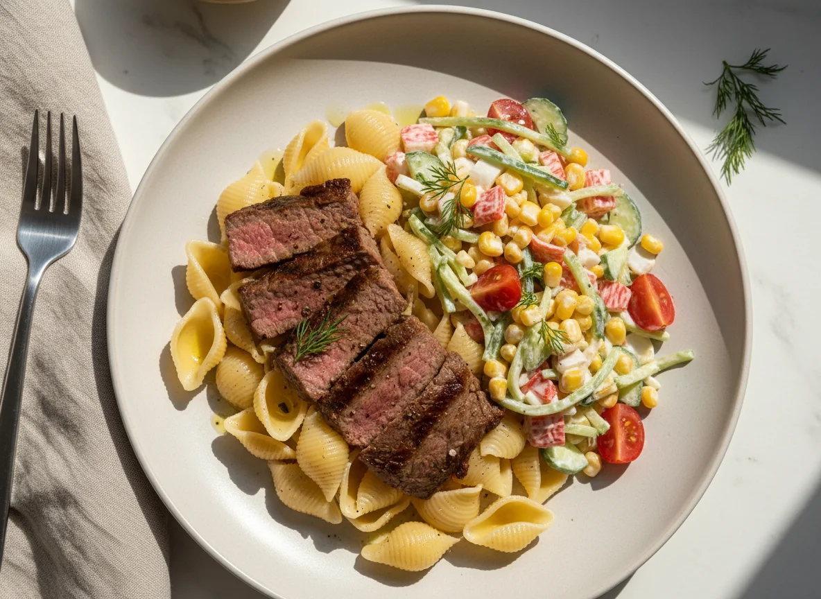 Паста с мясом и крабовым салатом photo