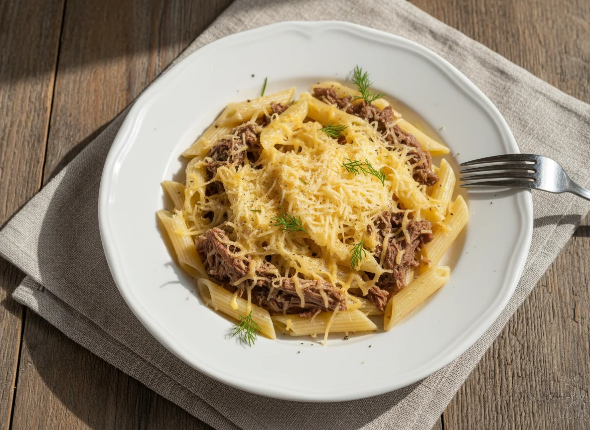 Паста с мясом и сыром photo
