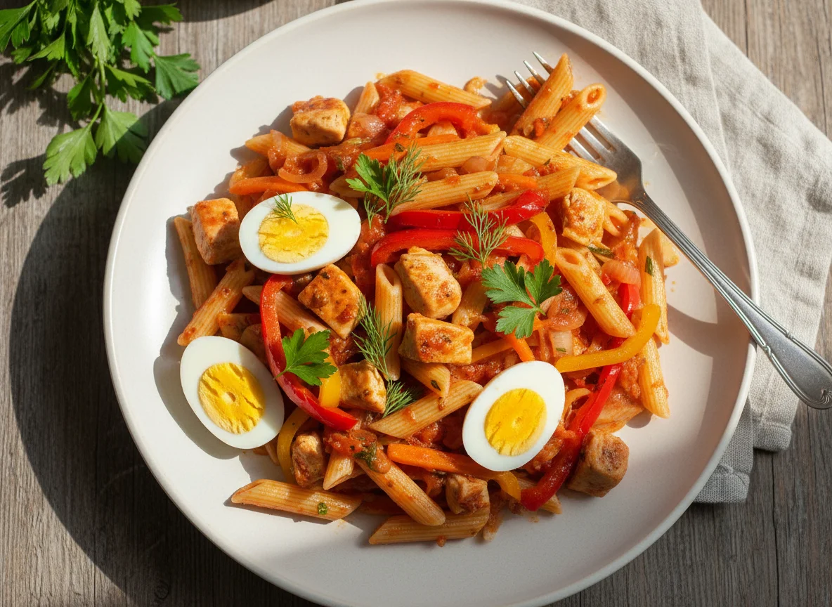 Паста с мясом, овощами и яйцом photo