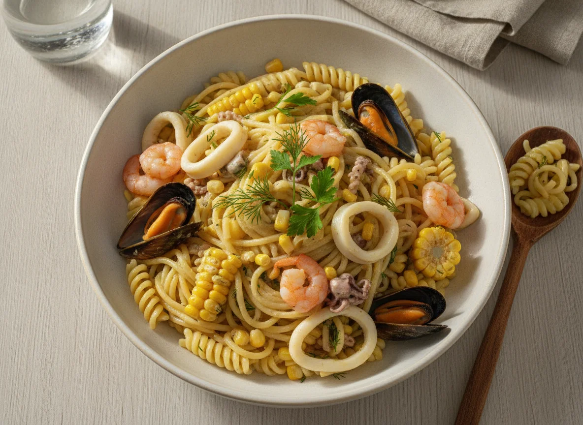 Паста с морепродуктами и кукурузой photo