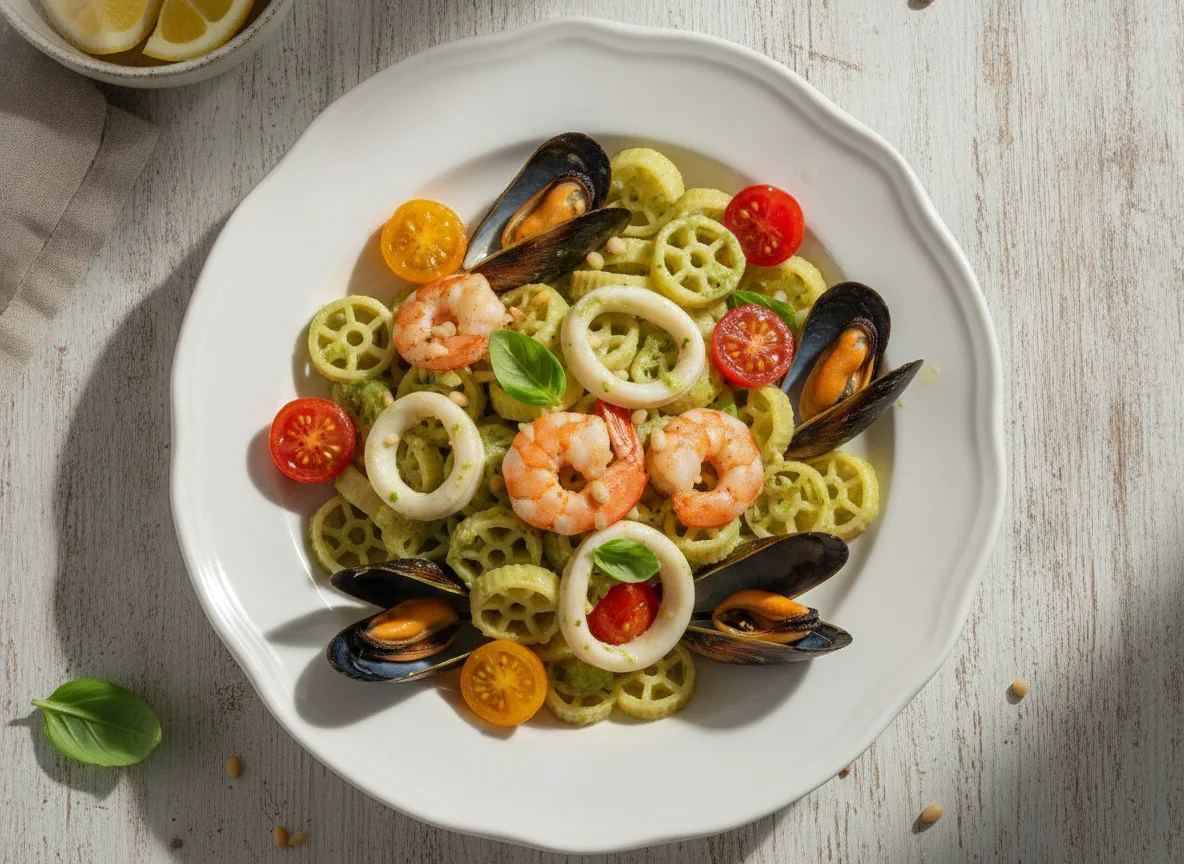 Паста с морепродуктами, томатами и соусом photo