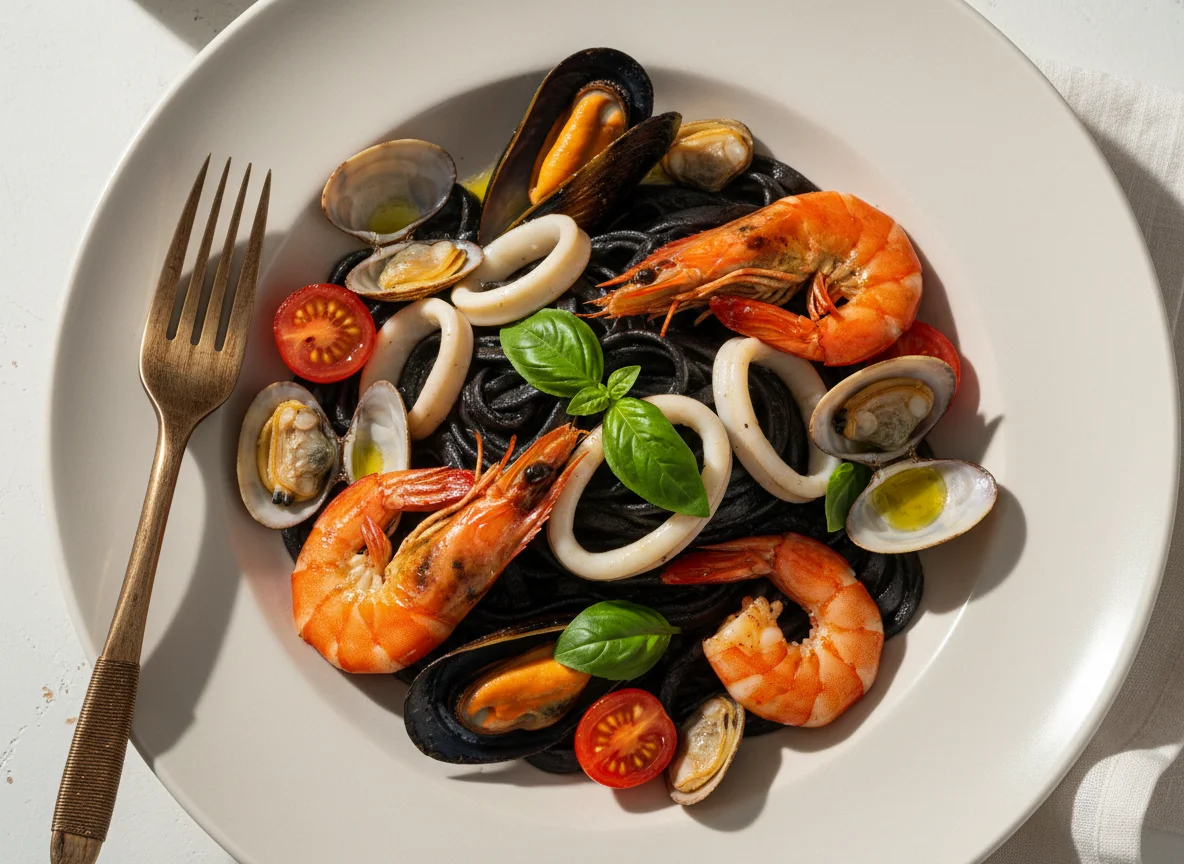 Паста с морепродуктами в чернилах каракатицы photo