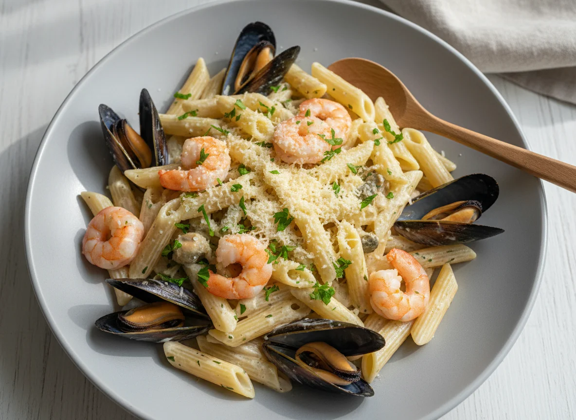 Паста с морепродуктами в сливочном соусе photo