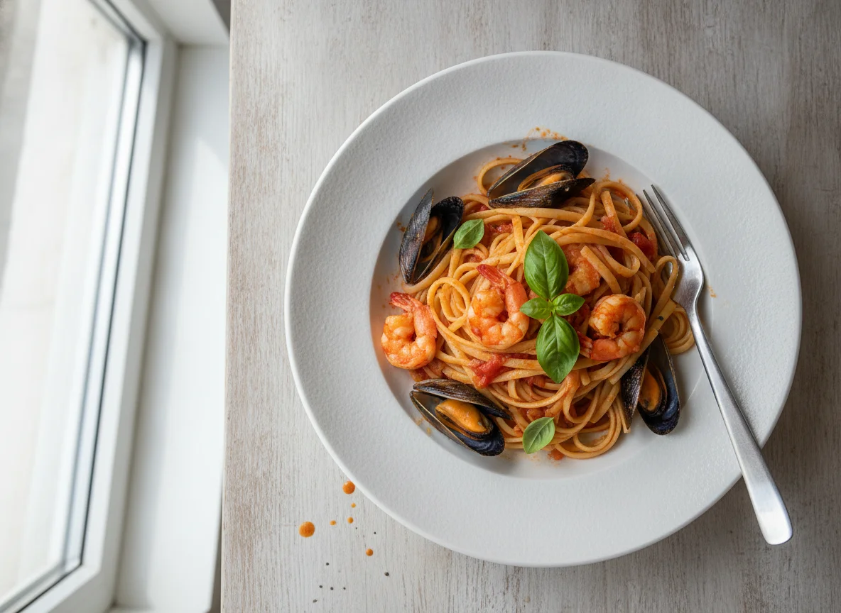 Паста с морепродуктами в томатном соусе photo