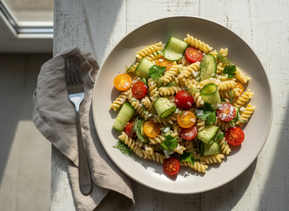 Паста с огурцом и помидорами photo