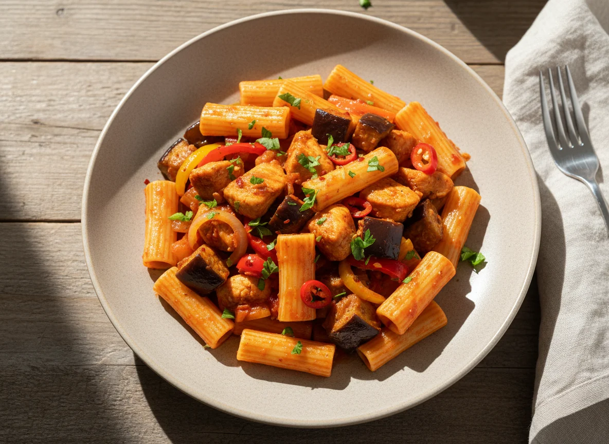 Паста с овощами и курицей photo