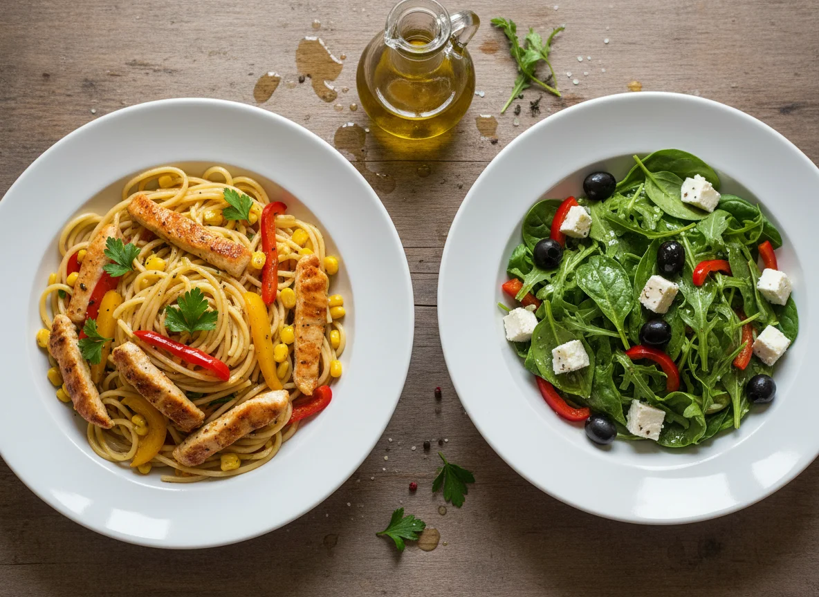 Паста с овощами и курицей, салат photo