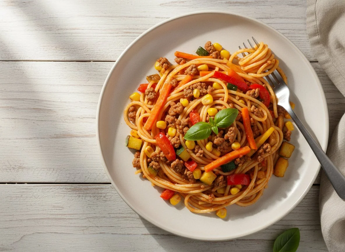 Паста с овощами и мясом photo