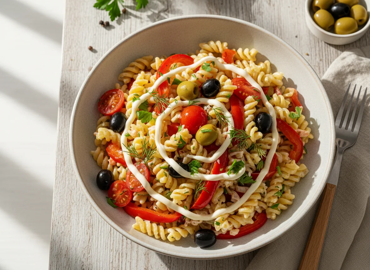 Паста с овощами и оливками photo