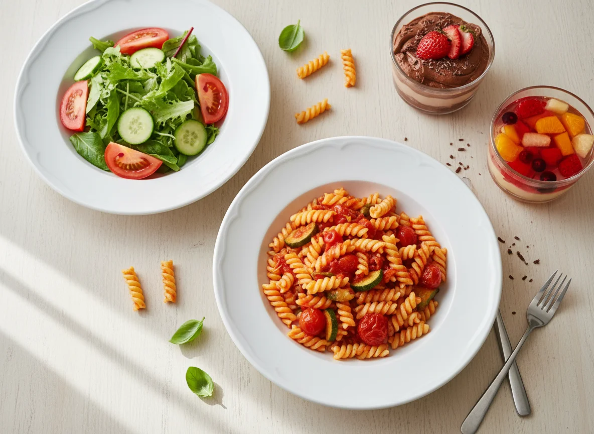 Паста с овощами, зеленый салат и десерты photo