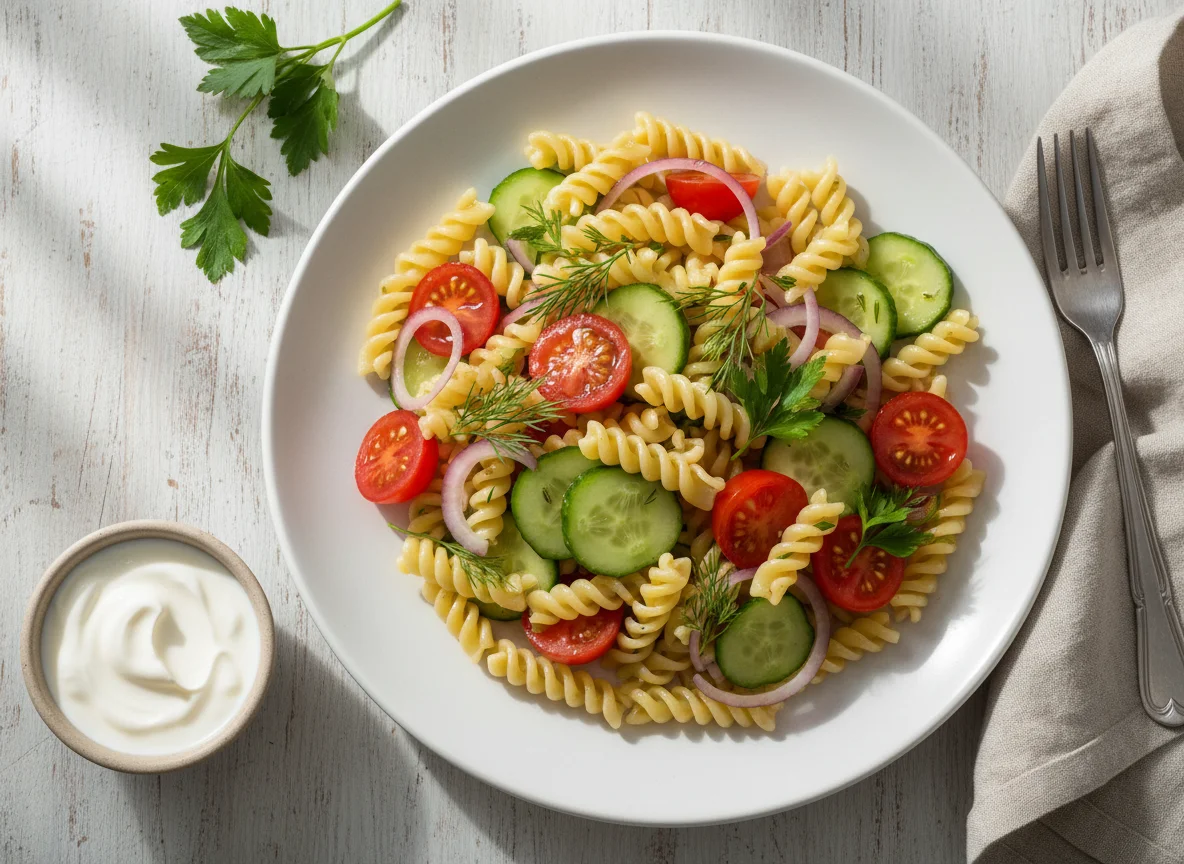 Паста с овощным салатом photo