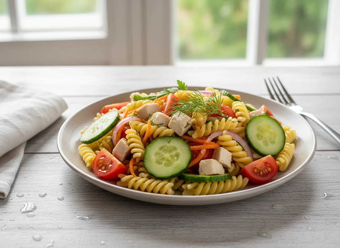 Паста с овощным салатом и курицей photo
