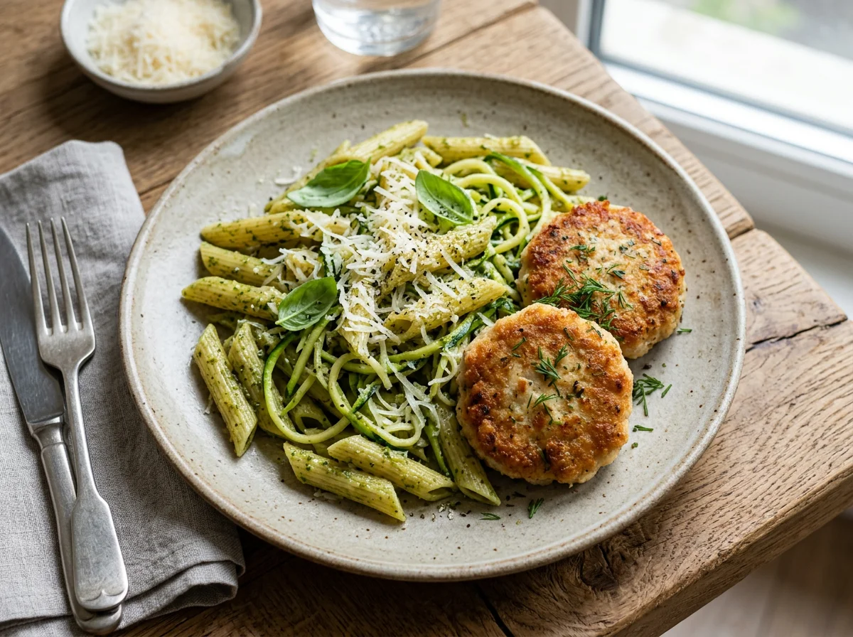 Паста с песто, цукини и куриными котлетами photo