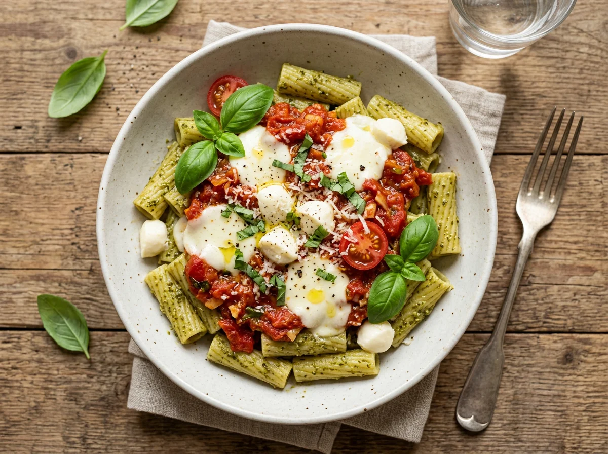 Паста с песто, томатным соусом и моцареллой photo