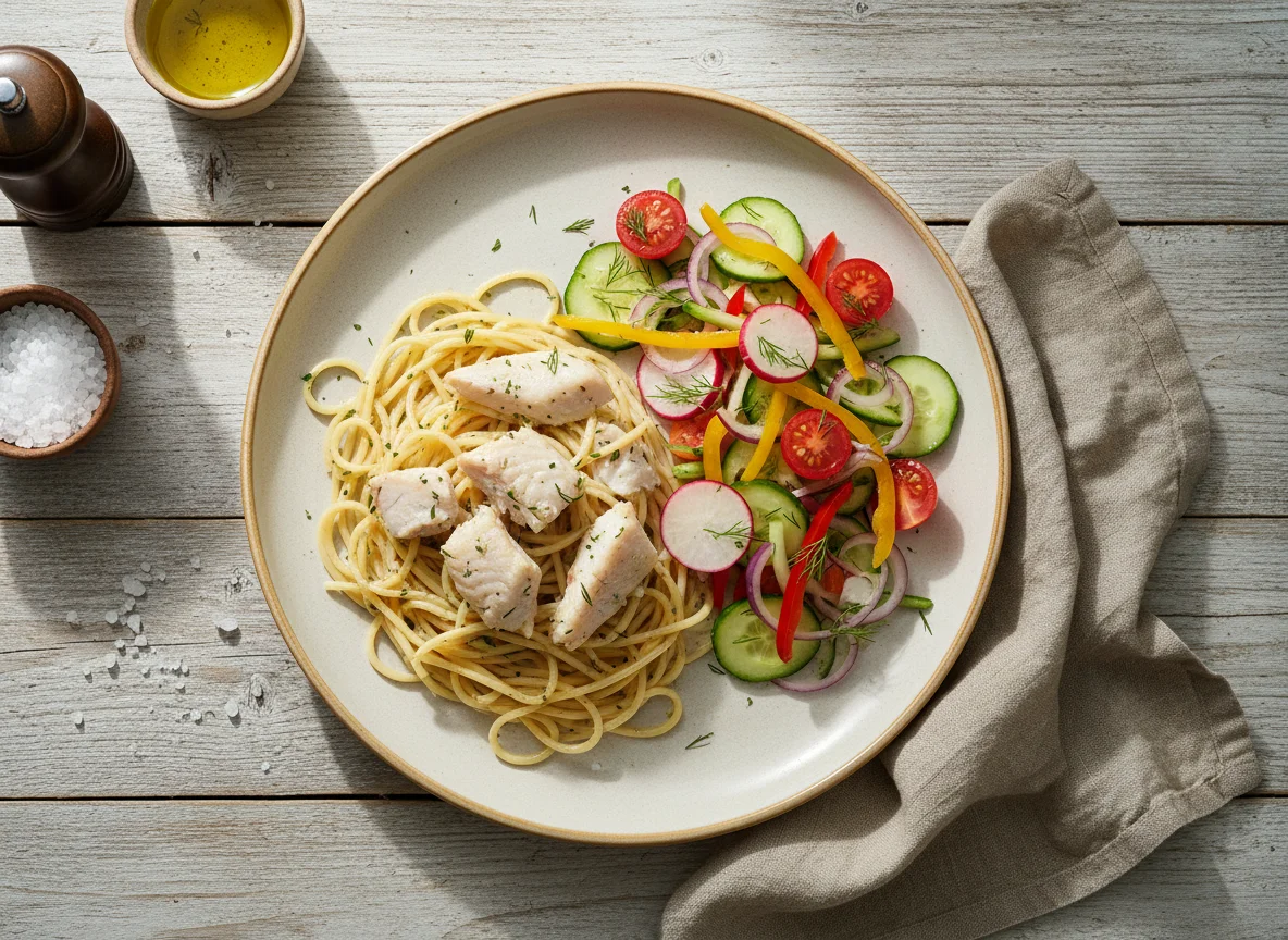 Паста с рыбой и овощным салатом photo