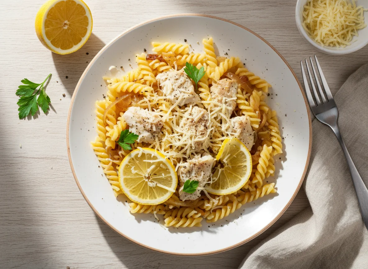 Паста с рыбой, луком и лимоном photo