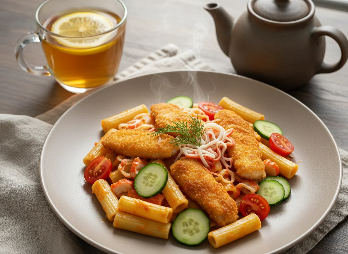 Паста с рыбой, овощами и чаем photo