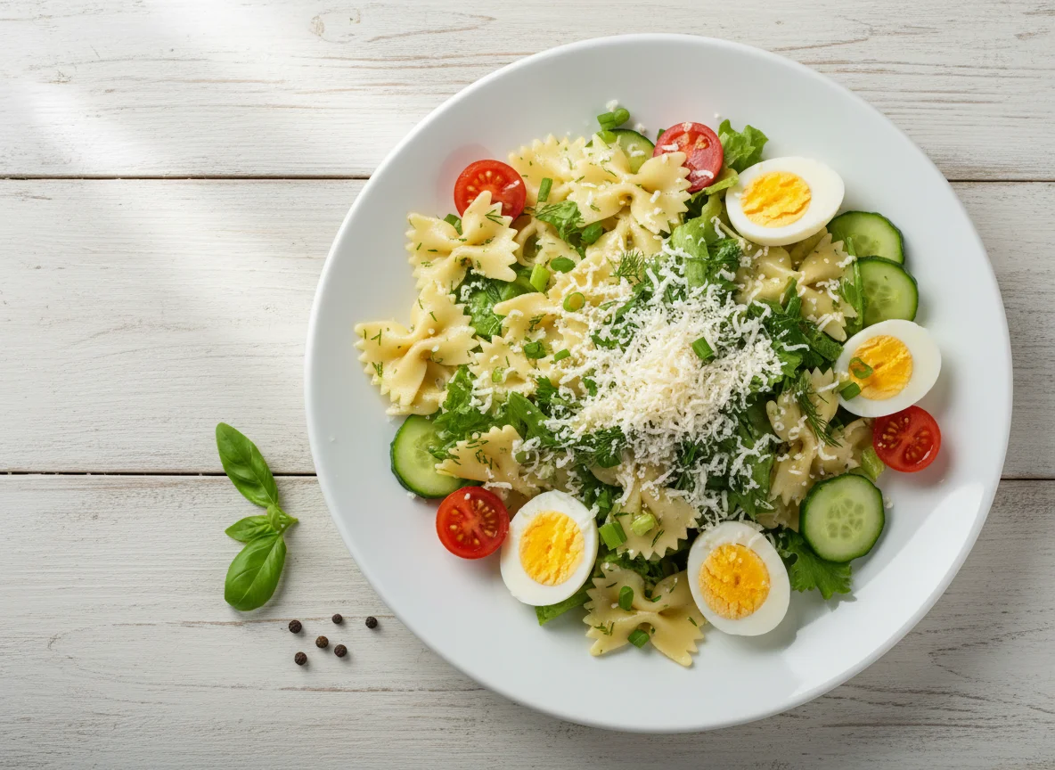 Паста с салатом, яйцами и сыром photo