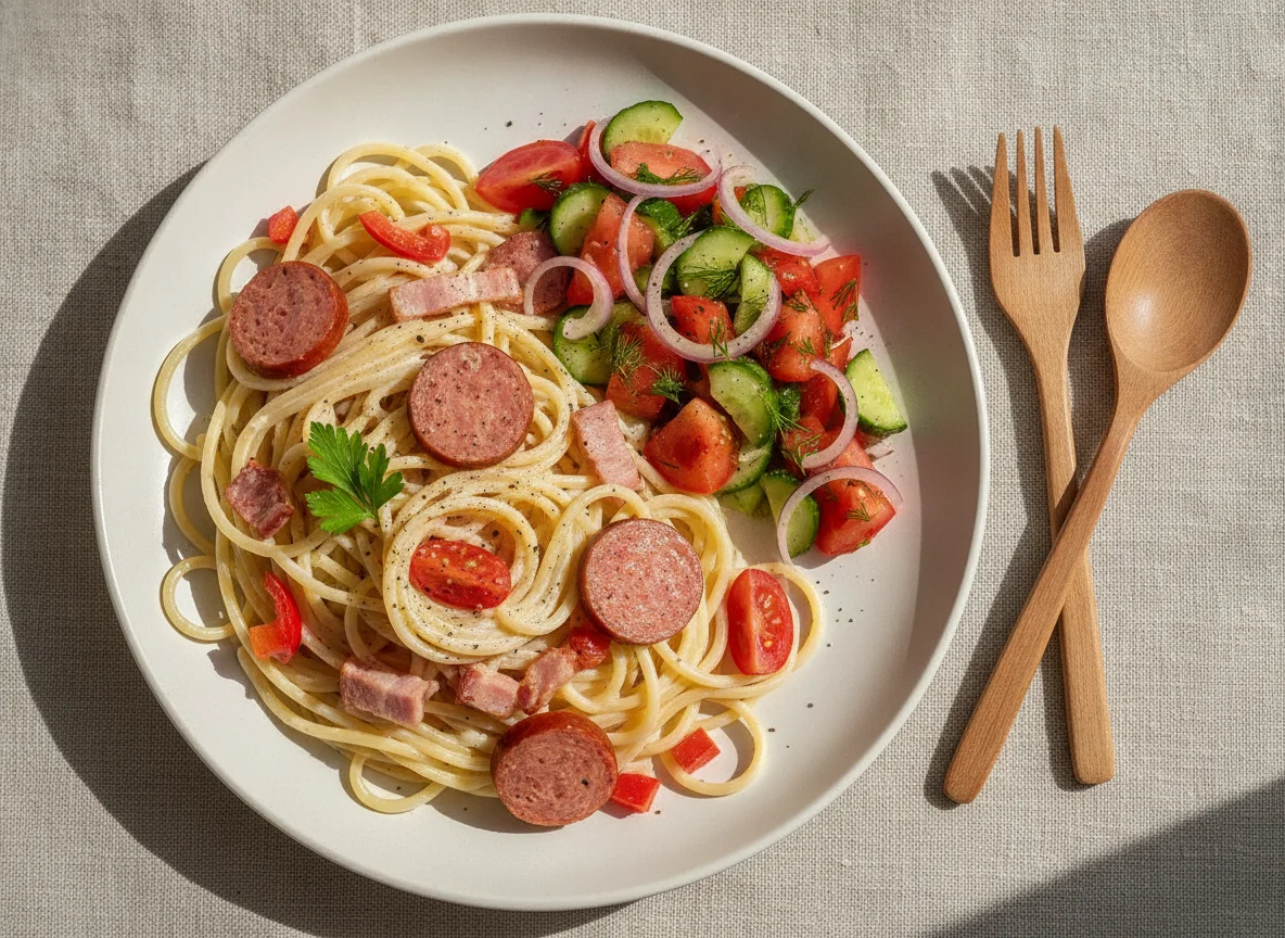 Паста с сосиской и овощным салатом photo
