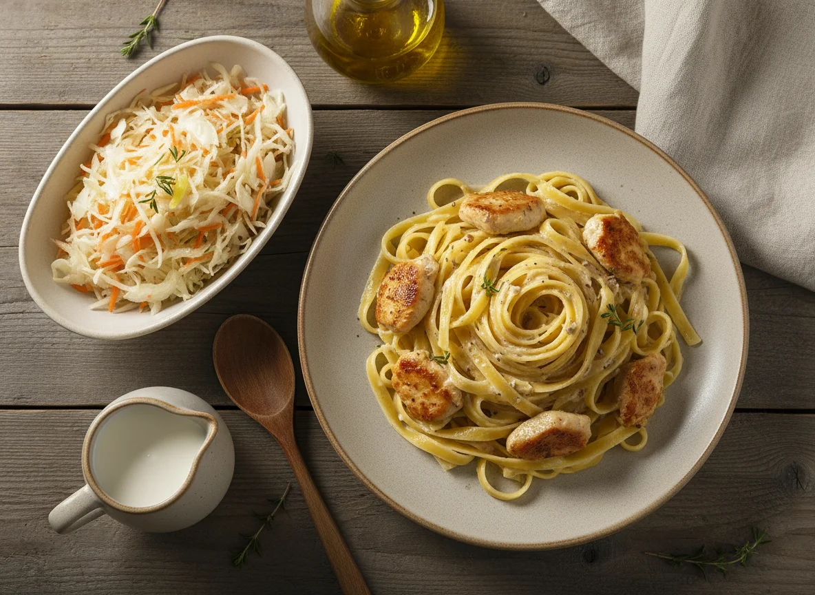 Паста с соусом и салат из квашеной капусты photo