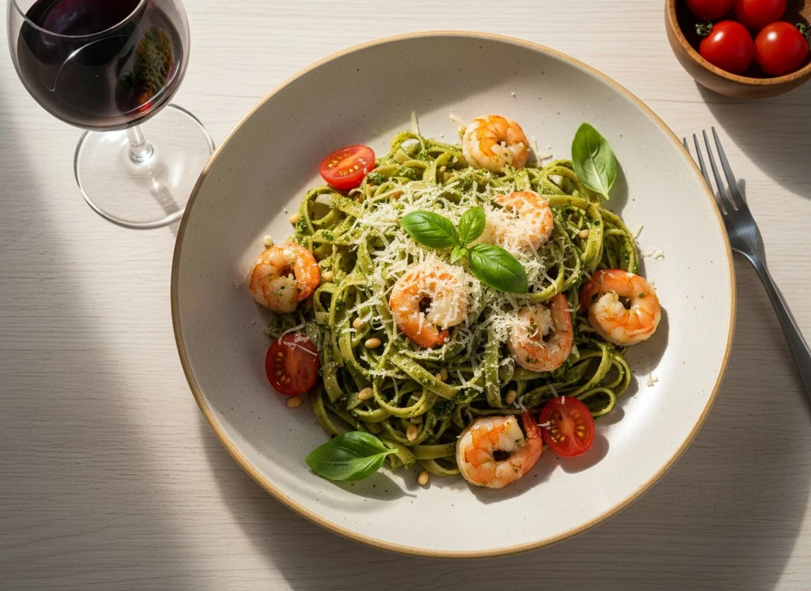 Паста с соусом песто и креветками photo