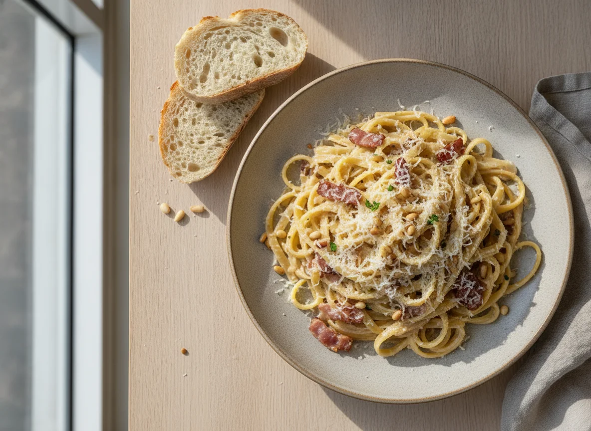 Паста с соусом, сыром и кедровыми орехами с хлебом photo