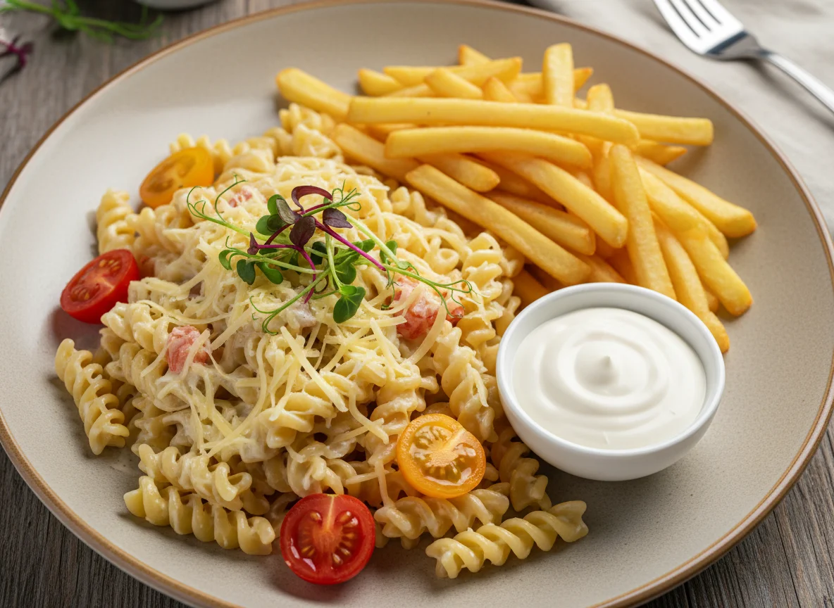 Паста с сыром и картофель фри photo