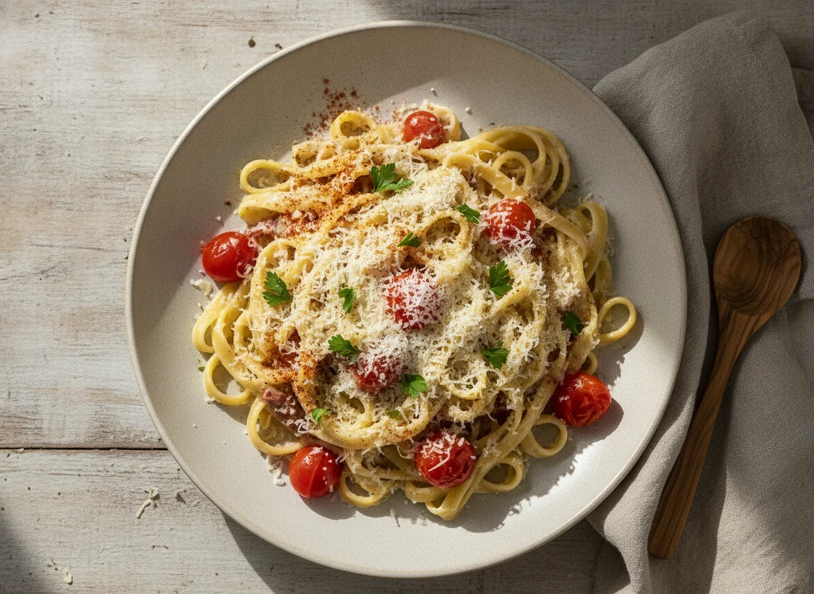 Паста с томатами, сыром и соусом photo