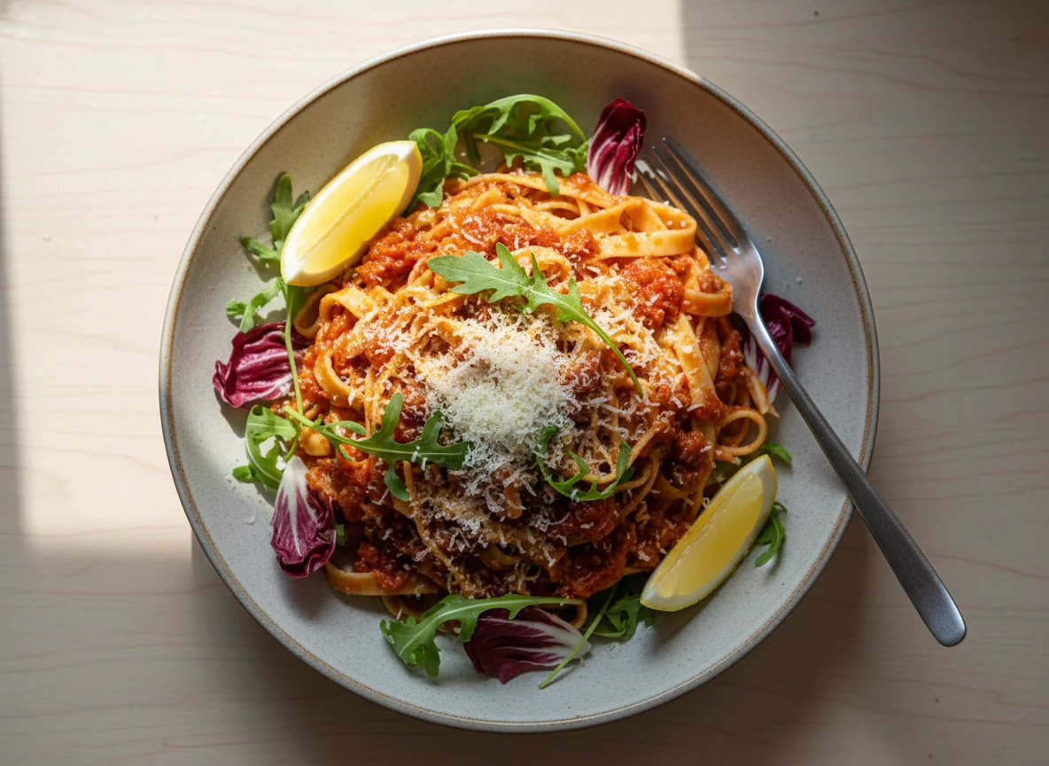 Паста с томатным соусом, сыром и салатом photo