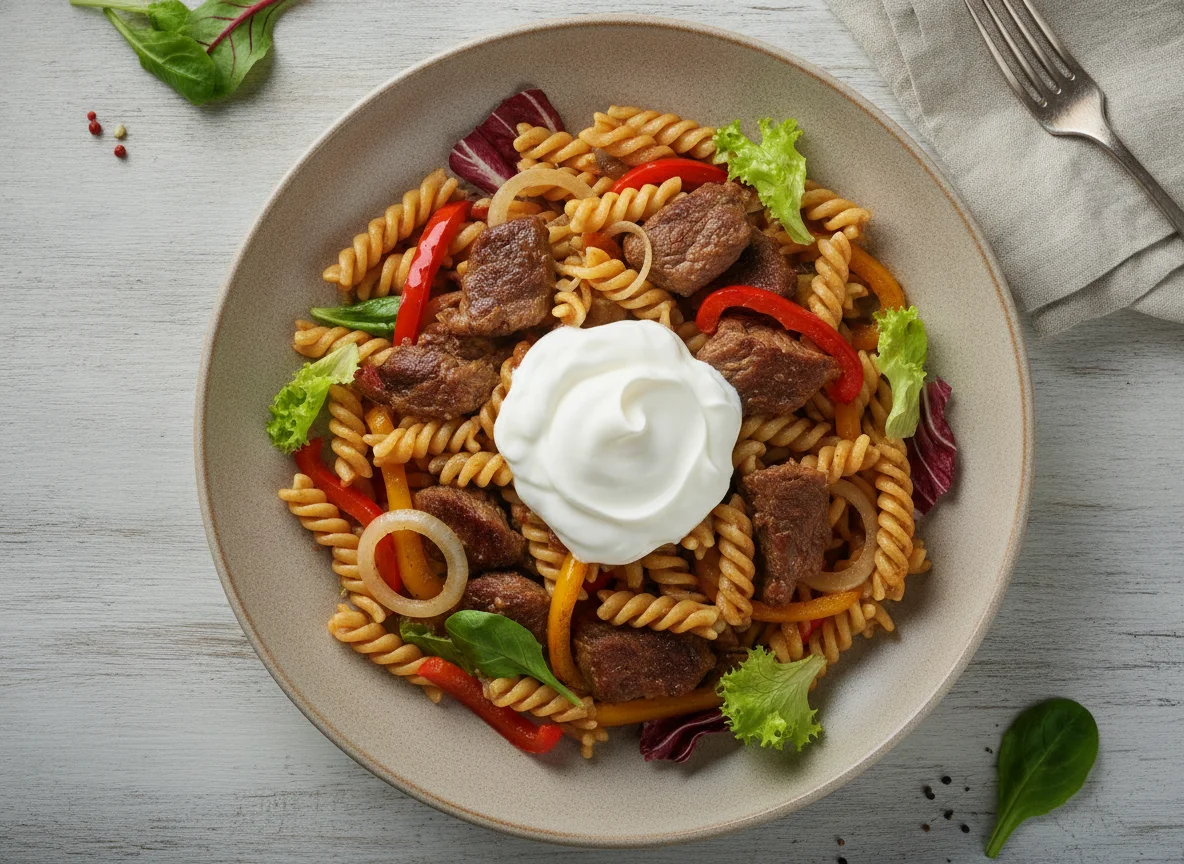 Паста с тушеной говядиной, овощами и сметаной photo