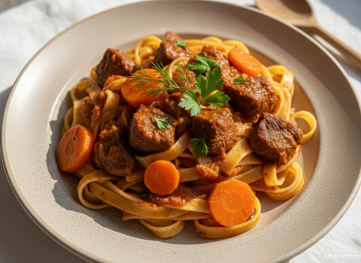 Паста с тушеным мясом и морковью photo