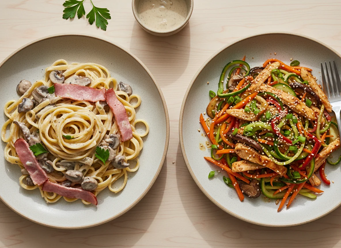 Паста с ветчиной и грибами, салат из овощей по-азиатски photo