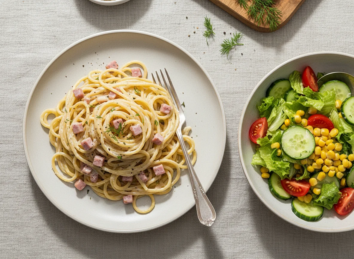 Паста с ветчиной и сливочным соусом и овощной салат photo