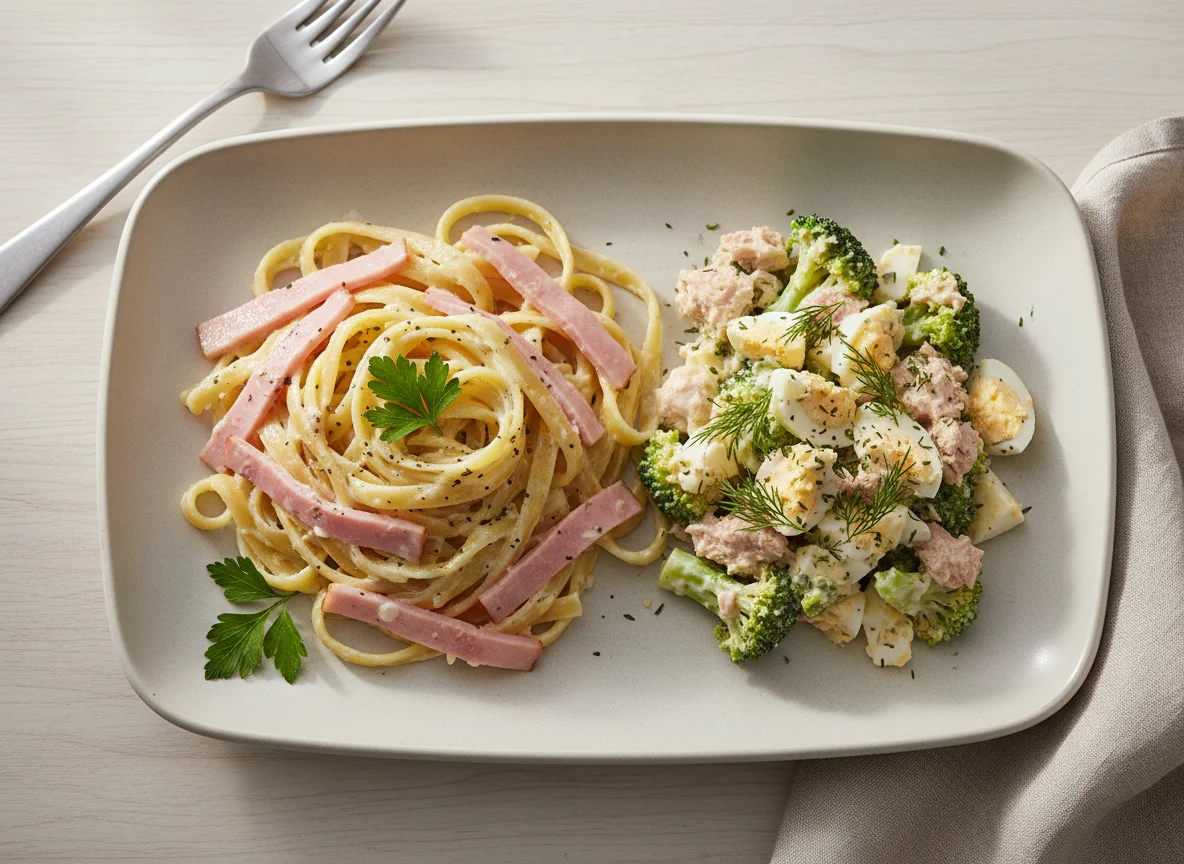Паста с ветчиной, салат с тунцом и брокколи photo