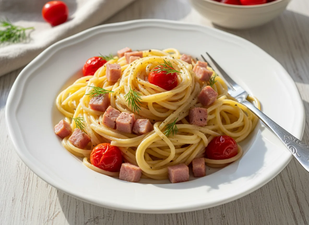 Паста с ветчиной, томатами и сливочным соусом photo