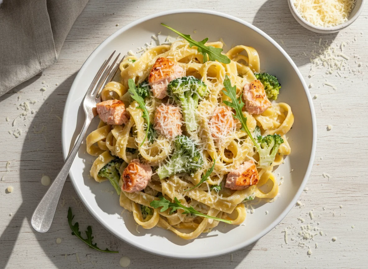 Паста со сливочным соусом, брокколи и лососем photo