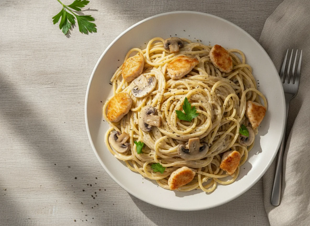 Паста со сливочным соусом, курицей и грибами photo